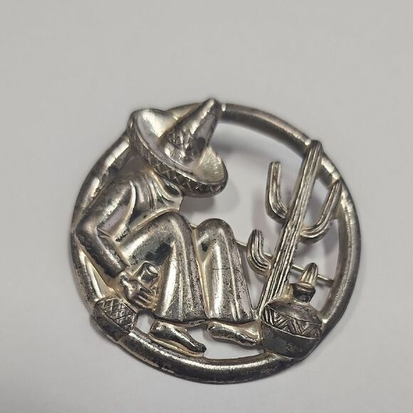 Vintage Sterling Silver Round Mexican Wanderer W/ Cactus Pin Brooch - Picture 2 of 6